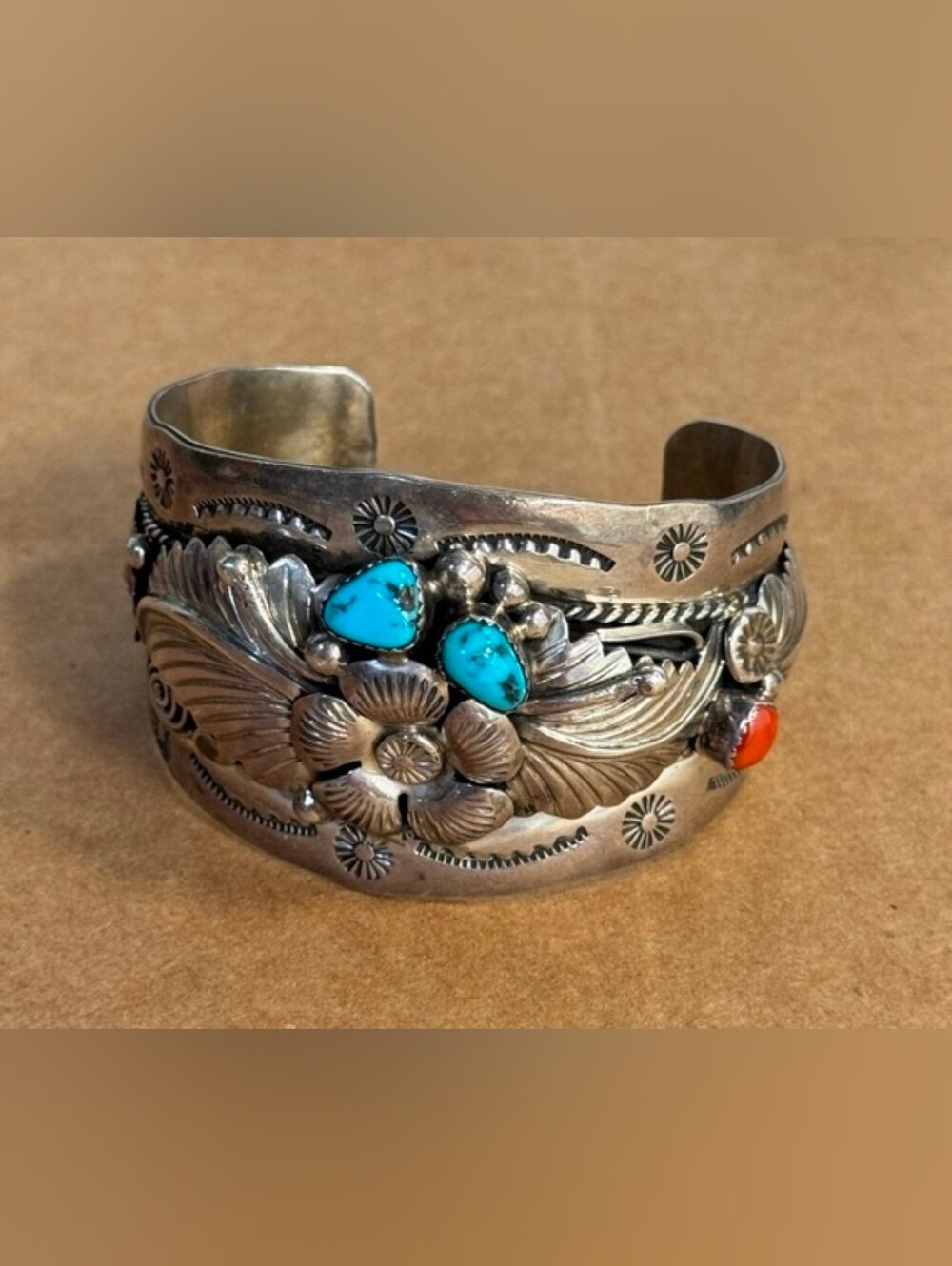 Vintage Navajo Allen Chee Sterling Cuff Bracelet w/ Turquoise and Coral Accents